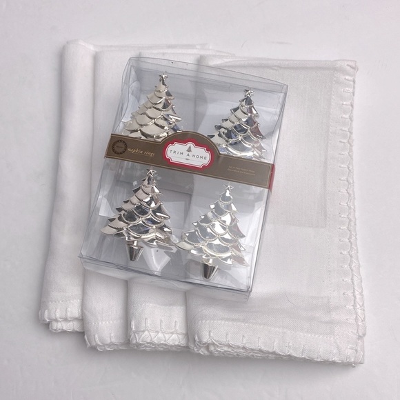 4 Vintage House 100% Cotton Napkins 4 Trim A Home Silver Tree Napkin Rings. Lot - Picture 1 of 9